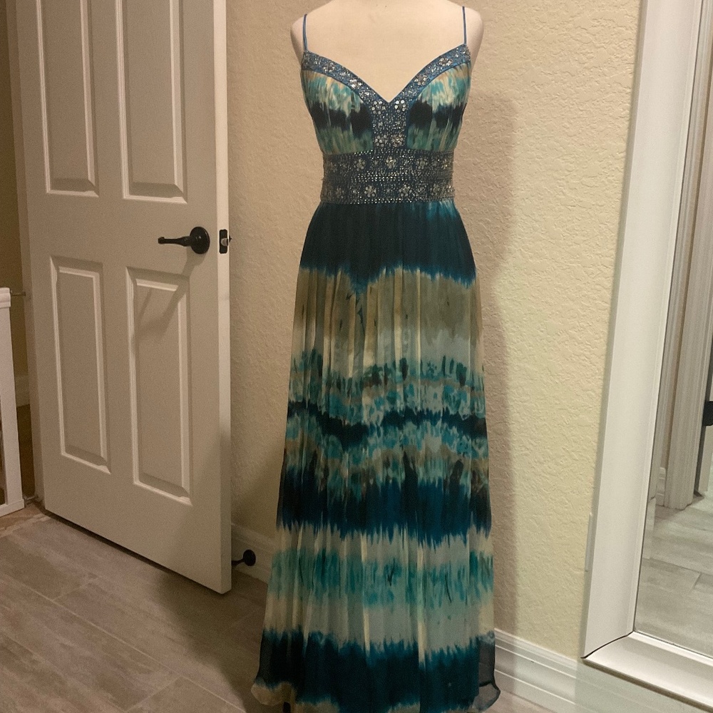 Xscape Formal Teal and Tan Silk Maxi Dress Beaded Sz 6